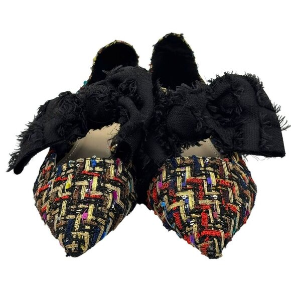 Zara Multicolor Tweed Pointed Flats Black Frayed Bow Women's Size EU 37/US 6.5 - Picture 8 of 16